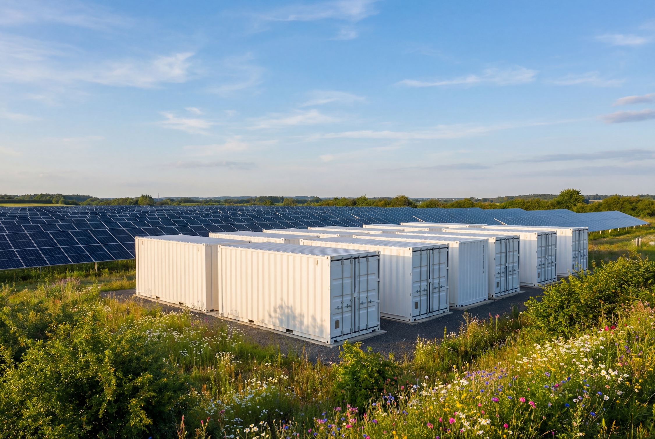Batteriespeicher-Container neben Photovoltaik-Modulen