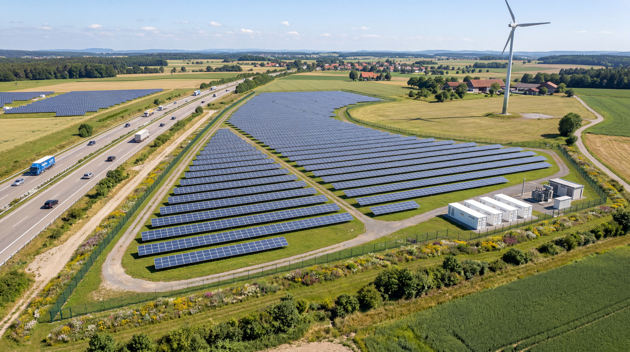 Solarpark in Bayern nahe der A9 mit Batteriespeicher-Containern